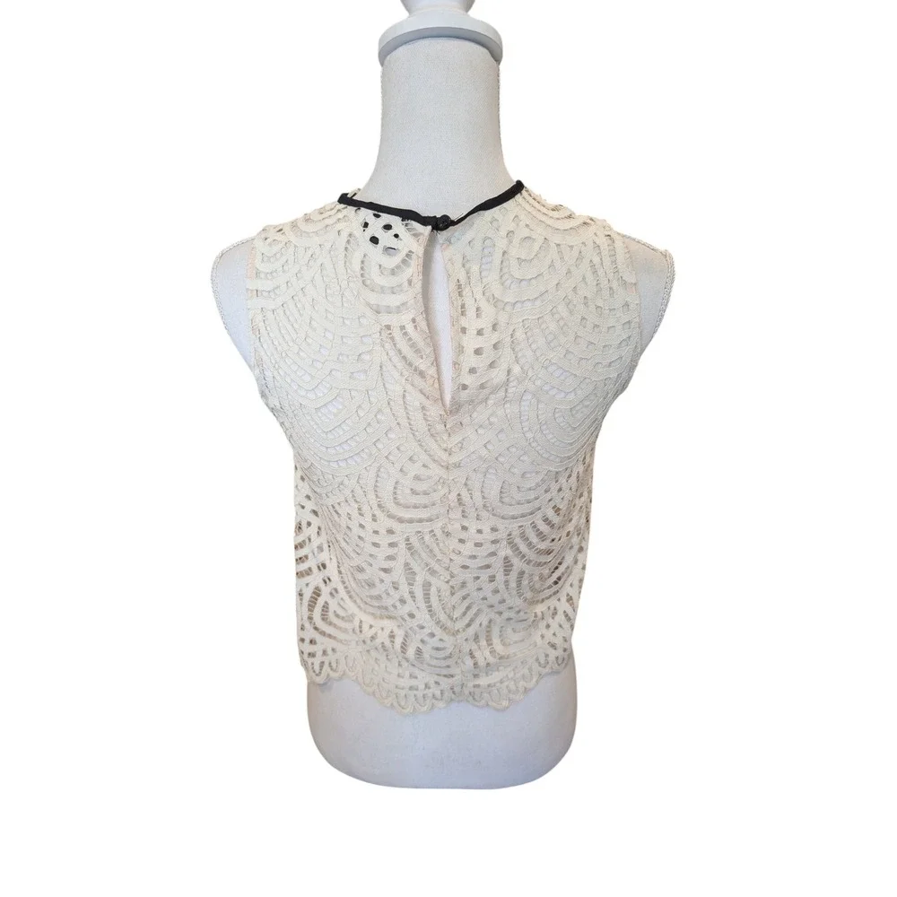 Zara Collection Sleeveless Top Ivory Lace Tie Neck Size Small Scalloped Hem